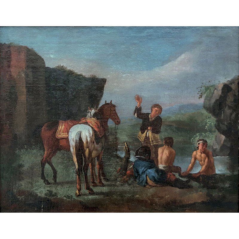 Philips Wouwerman, Knights In Front Of A Coaching Inn And Knights And Bathers At A Stream, 1600s, Oil On Canvases, Set Of 2 photo Art