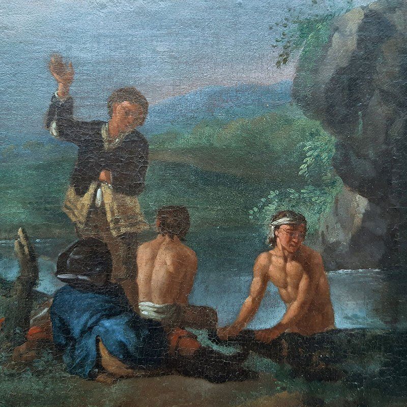 Art Philips Wouwerman, Knights In Front Of A Coaching Inn And Knights And Bathers At A Stream, 1600s, Oil On Canvases, Set Of 2 photo