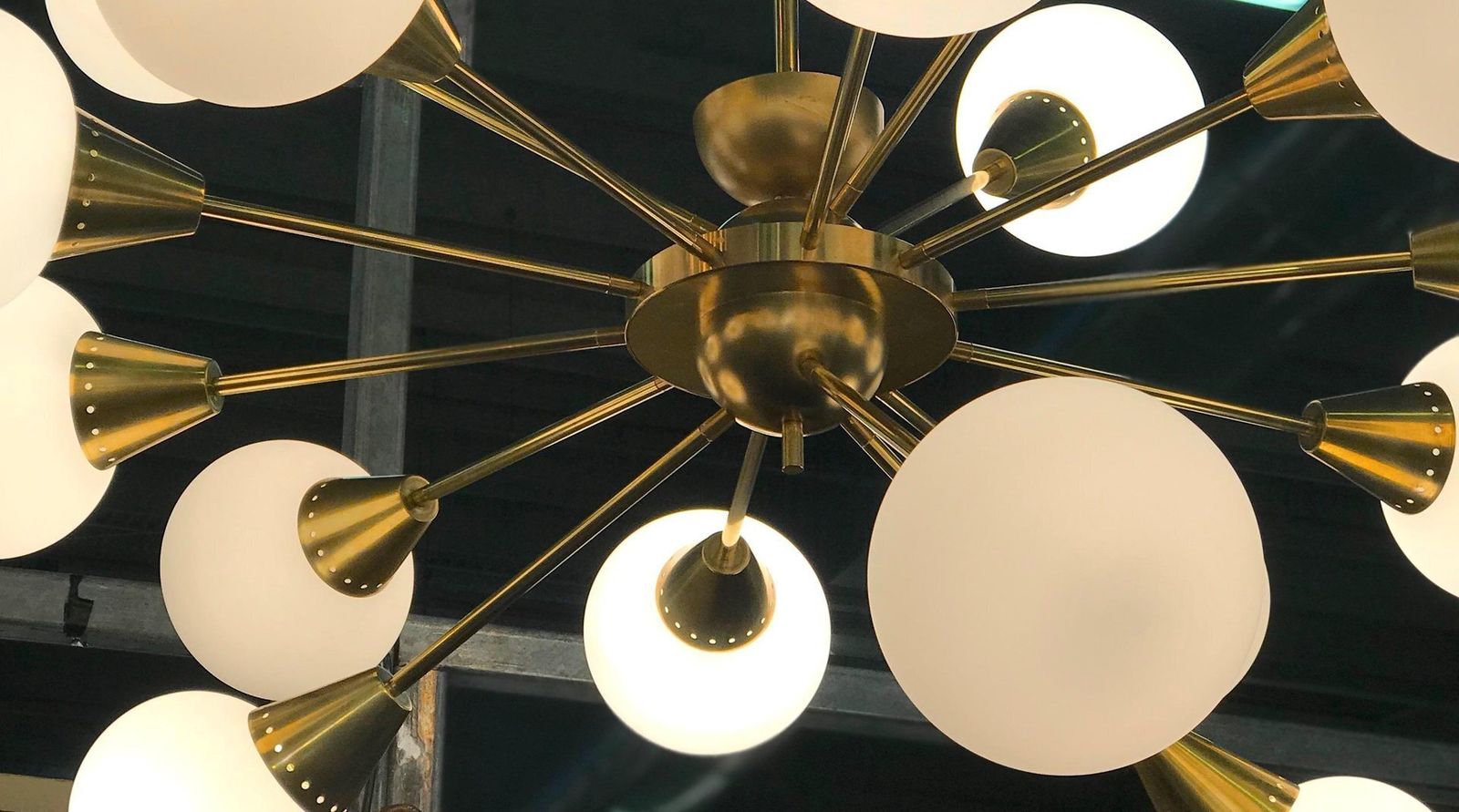 Large Mid Century Brass, Opaline & Murano Glass Sputnik Chandelier photo furniture
