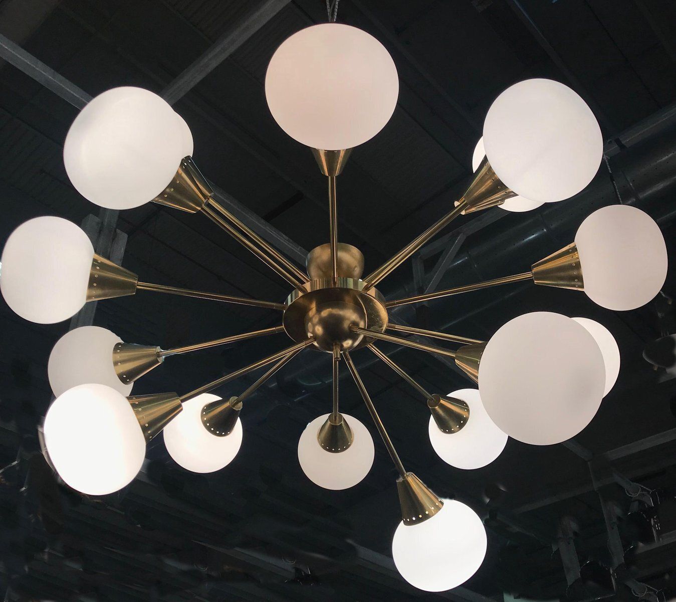 Large Mid Century Brass, Opaline & Murano Glass Sputnik Chandelier photo for sale