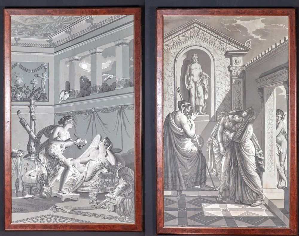 After Merry Joseph Blondel & Louis Lafitte, The Reconciliation Of Venus & Psyche, Grisaille Painting On Paper, 19th Century photo vintage