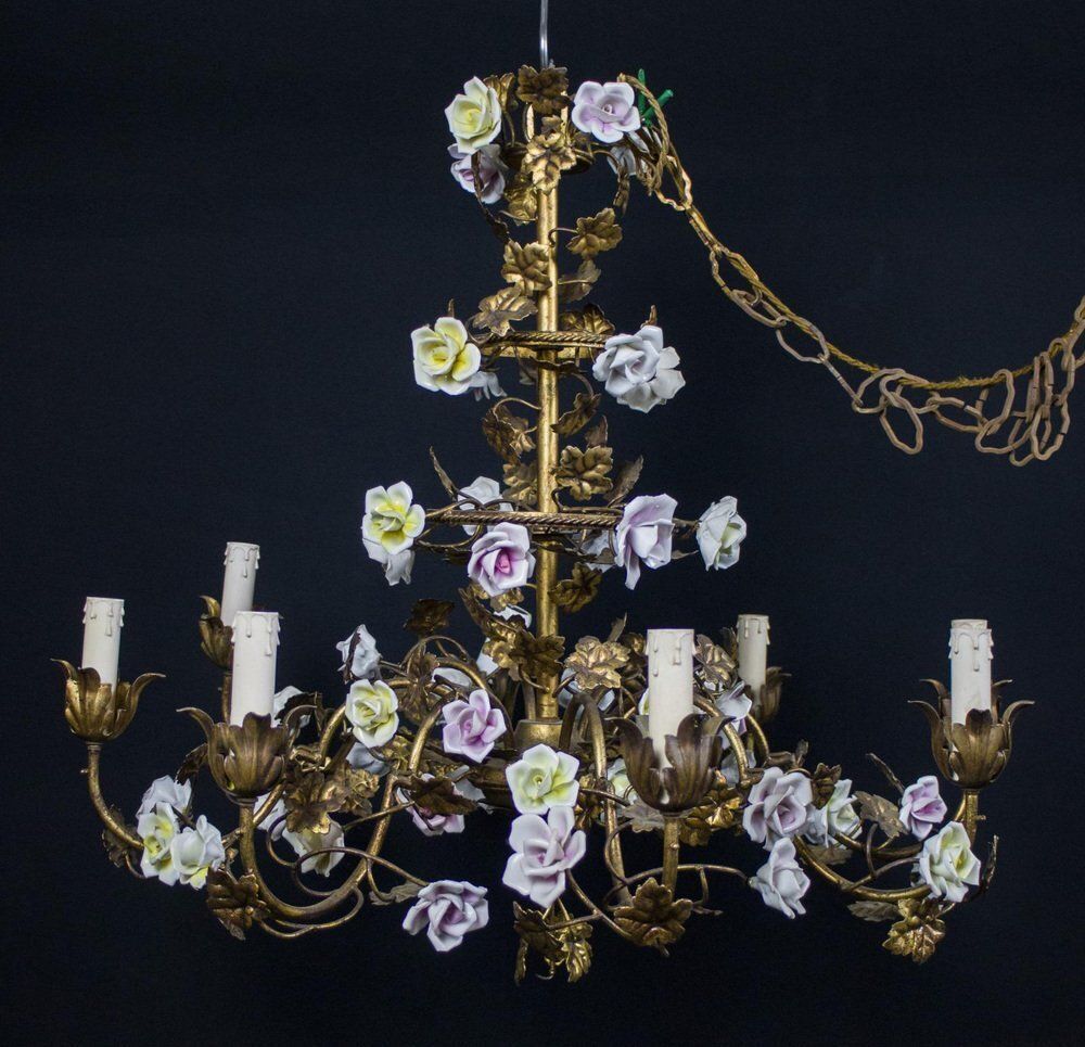 Italian Cage Form Chandelier With Porcelain Flowers photo buy