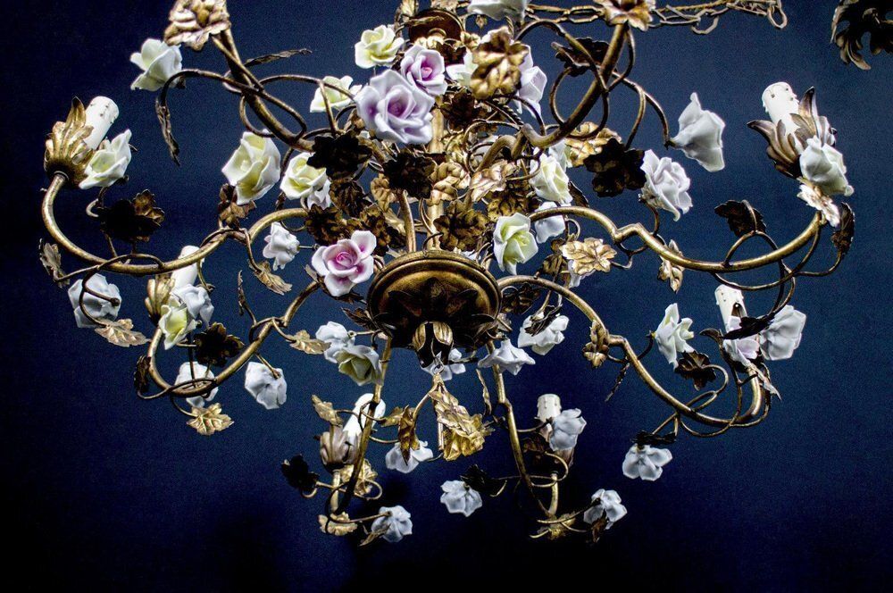 Italian Cage Form Chandelier With Porcelain Flowers photo vintage