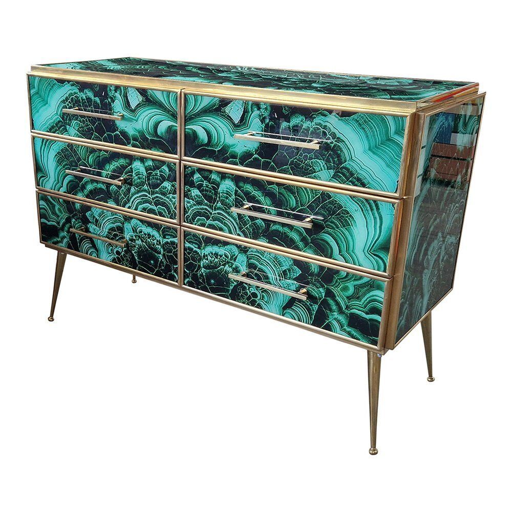 Wooden Dresser In Malachite Glass With Six Drawers, 1980s photo vinterior