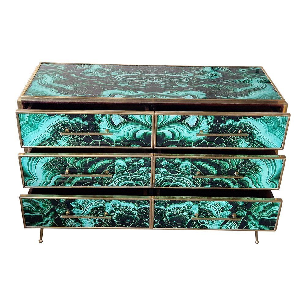 photo for sale Wooden Dresser In Malachite Glass With Six Drawers, 1980s