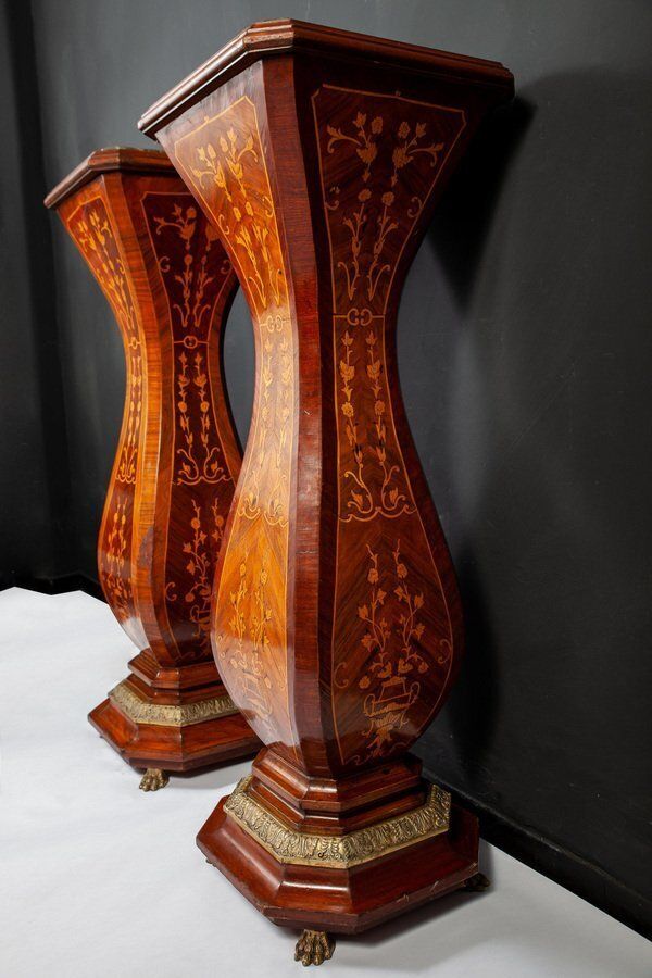 Large 19th Century French Inlaid Pedestals, Set Of 2 photo vintage