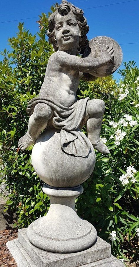 Italian Putto Stone Garden Statues Representing Musicians, Set Of 2 photo vinterior