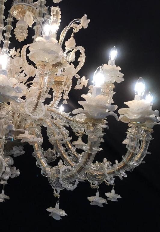 Murano Chandeliers In White & Gold, 1980s, Set Of 2 photo Lighting