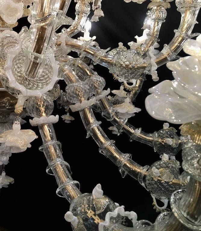 Murano Chandeliers In White & Gold, 1980s, Set Of 2 photo vinterior