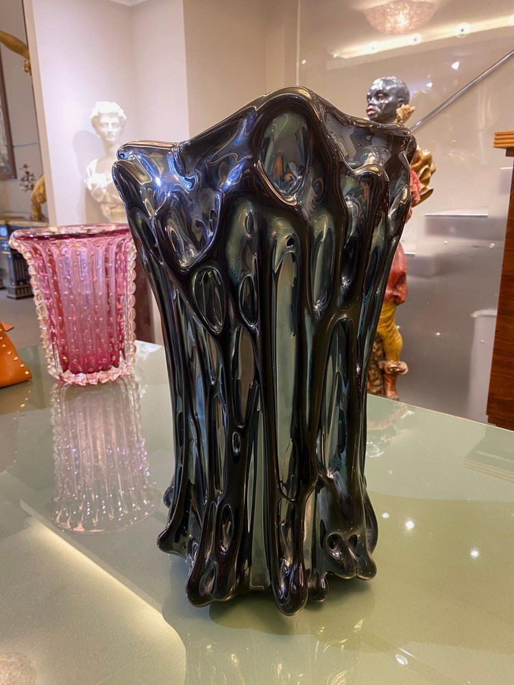 photo furniture Black Iridescent Murano Glass Vase, 1980s