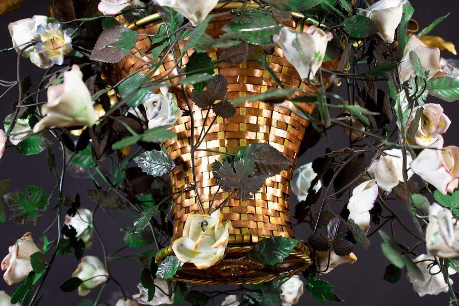 Italian Basket Chandelier With Colorful Porcelain Flowers, 1940s photo vinterior