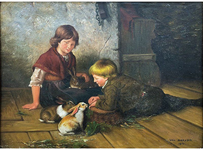 Van Barren, Children And Rabbits, 1871, Oil On Panel, Framed
