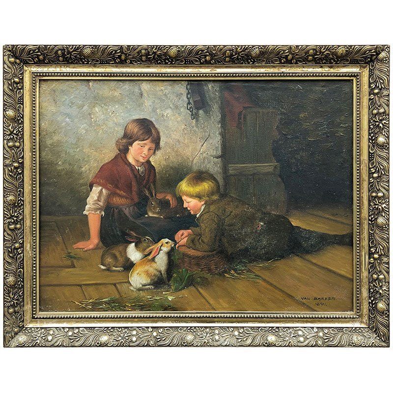 Van Barren, Children And Rabbits, 1871, Oil On Panel, Framed photo furniture