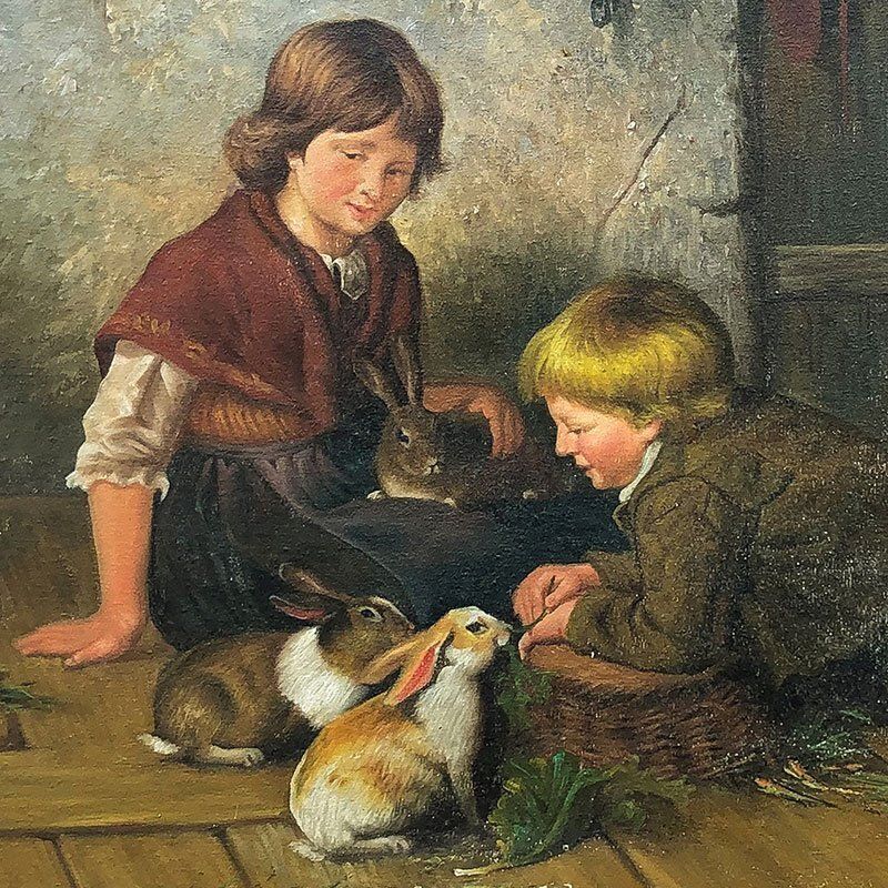 Van Barren, Children And Rabbits, 1871, Oil On Panel, Framed photo Art