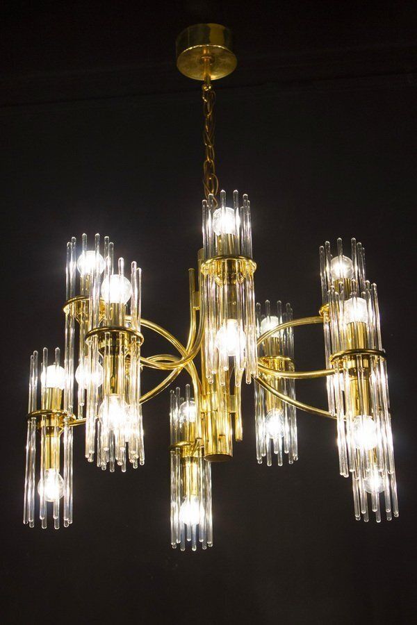 Crystal Rod And Brass Chandelier Or Lantern By Gaetano Sciolari, 1960s photo Lighting