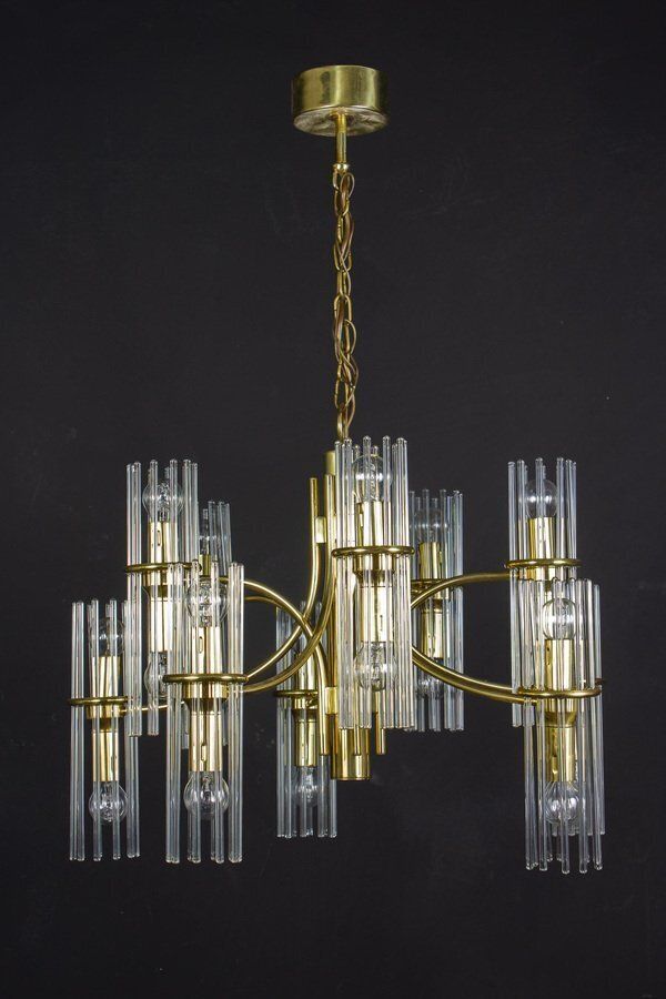 Crystal Rod And Brass Chandelier Or Lantern By Gaetano Sciolari, 1960s photo vinterior