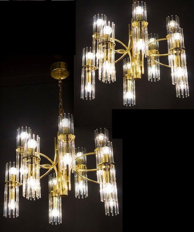 photo vintage Crystal Rod And Brass Chandelier Or Lantern By Gaetano Sciolari, 1960s