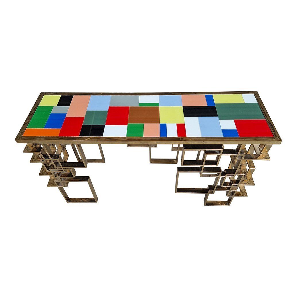 photo for sale Double Sided Console In Chrome Gold Steel And Multicolored Murano Glass Top, 1980s