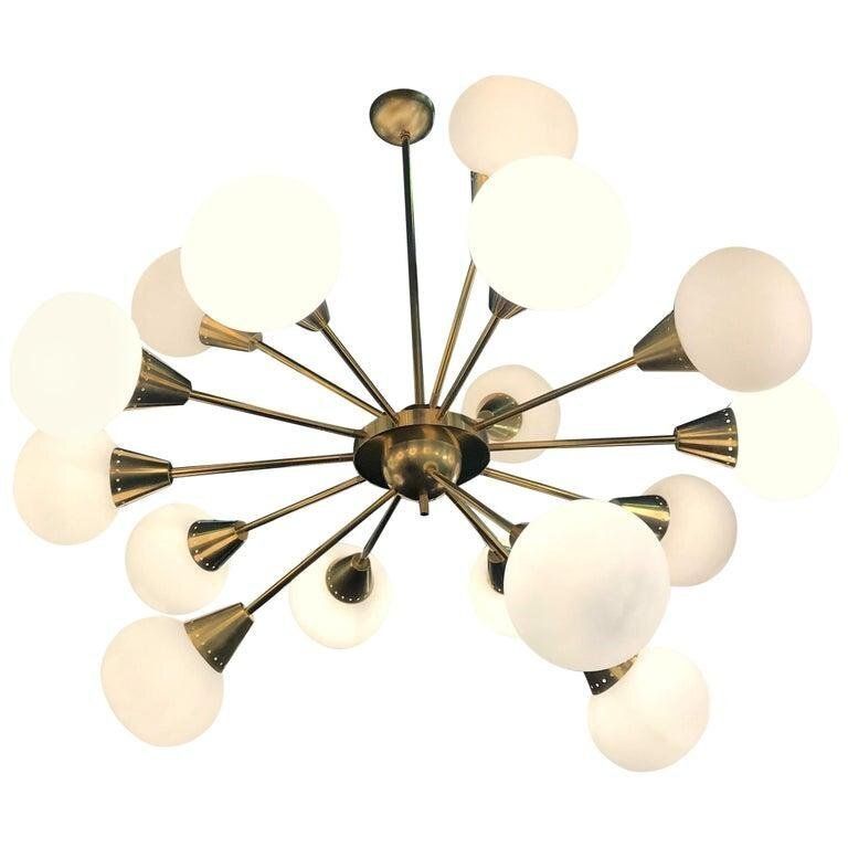 Large Mid Century Brass & Opaline Murano Glass Sputnik Chandelier, 1960s