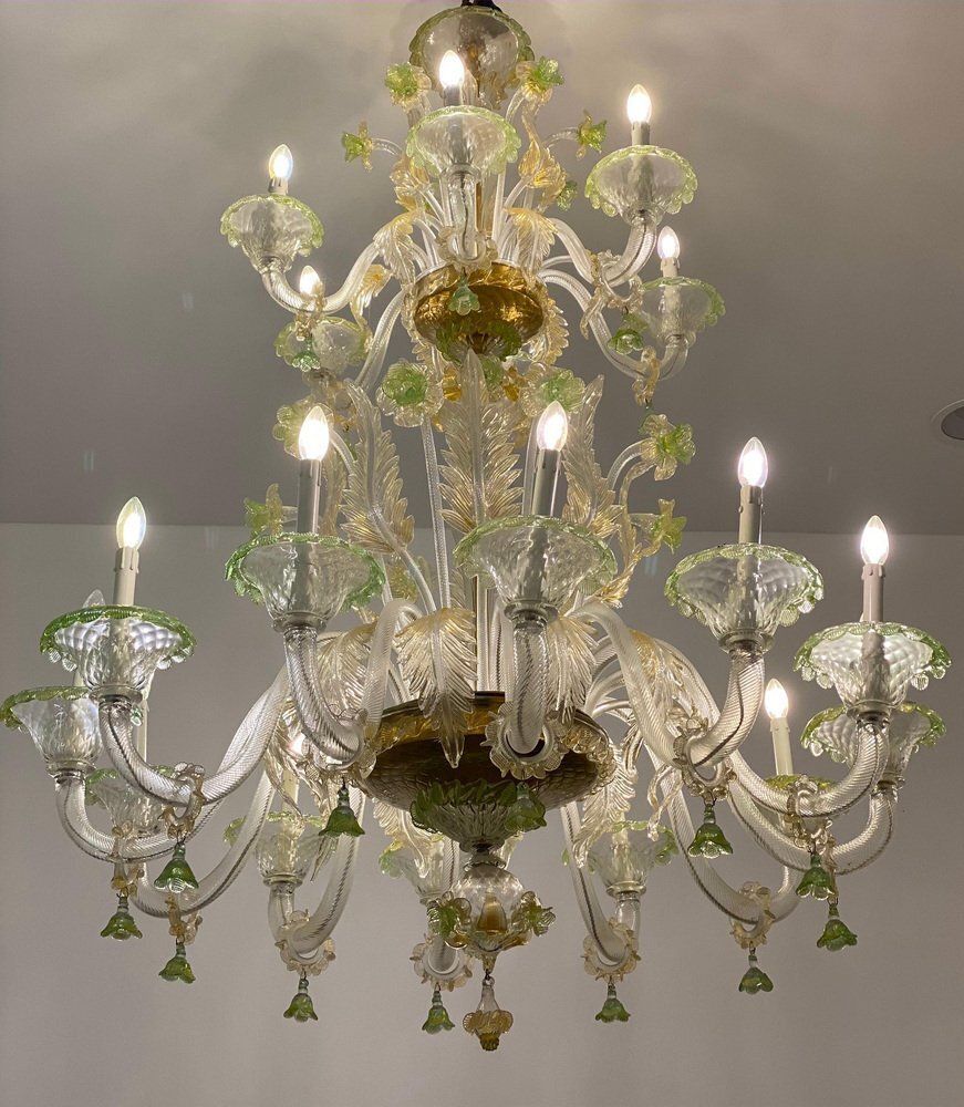photo for sale Green And Gold Murano Glass Chandelier, 1990s