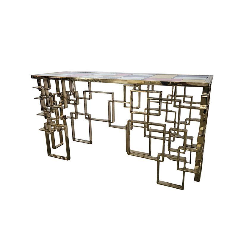 Double Sided Console Tavle In Chrome Gold Steel And Multicolored Murano Glass Top, 1980s photo 5252.0