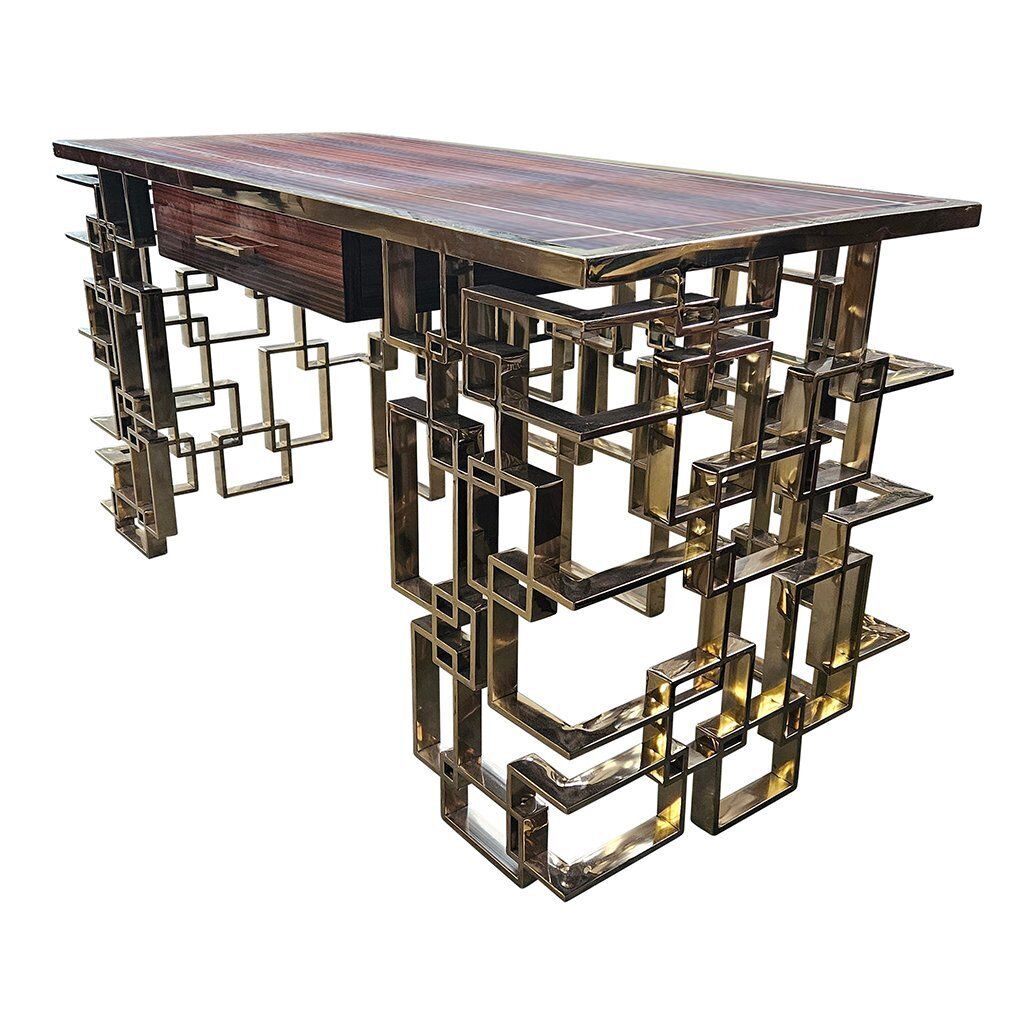 Double Sided Console In Chrome Gold Steel And Briar Top, 1980s photo for sale
