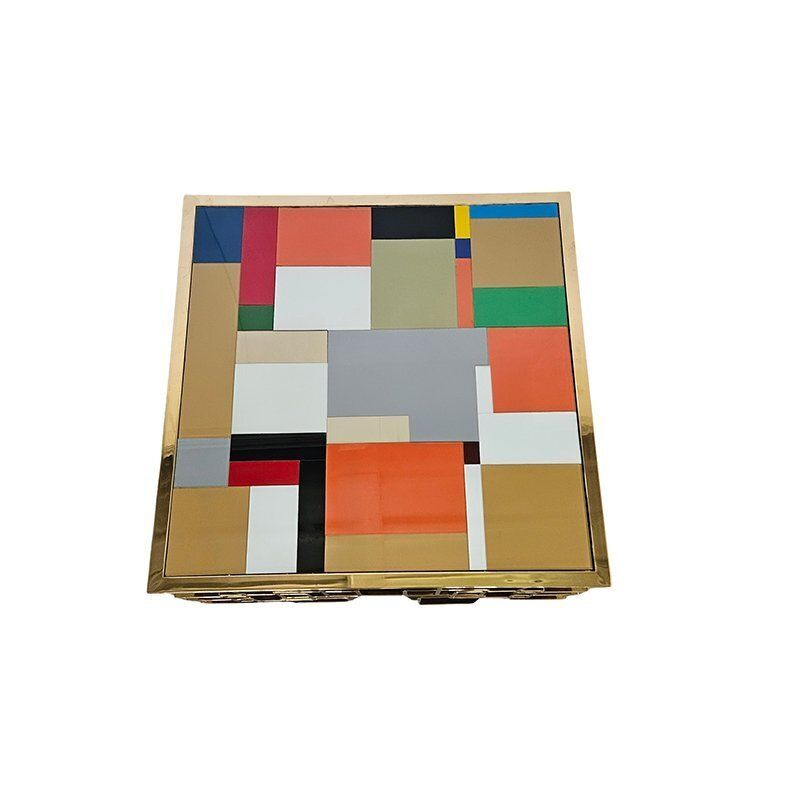 Low Coffee Table In Chrome Gold Steel And Multicolored Murano Glass Top, 1980s photo furniture