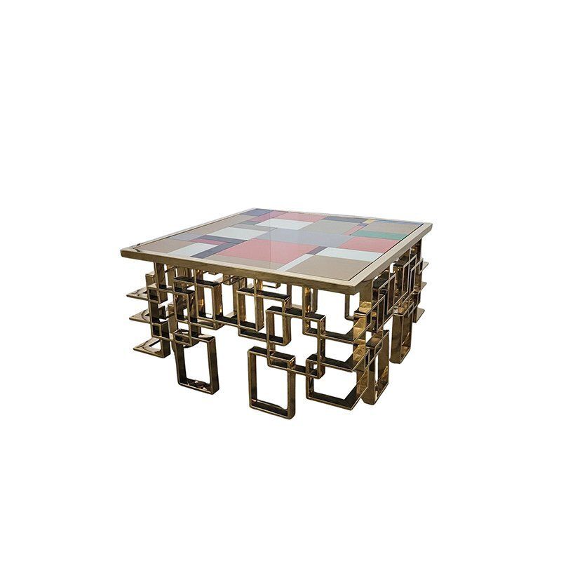 Low Coffee Table In Chrome Gold Steel And Multicolored Murano Glass Top, 1980s photo Furniture