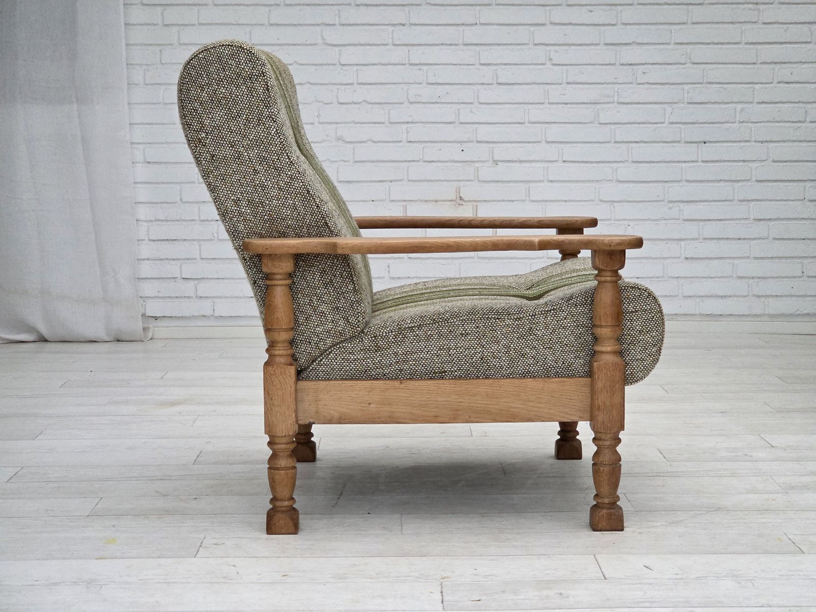 1970s, Danish Armchair, Original Furniture Wool Fabric, Solid Oak Wood. photo furniture
