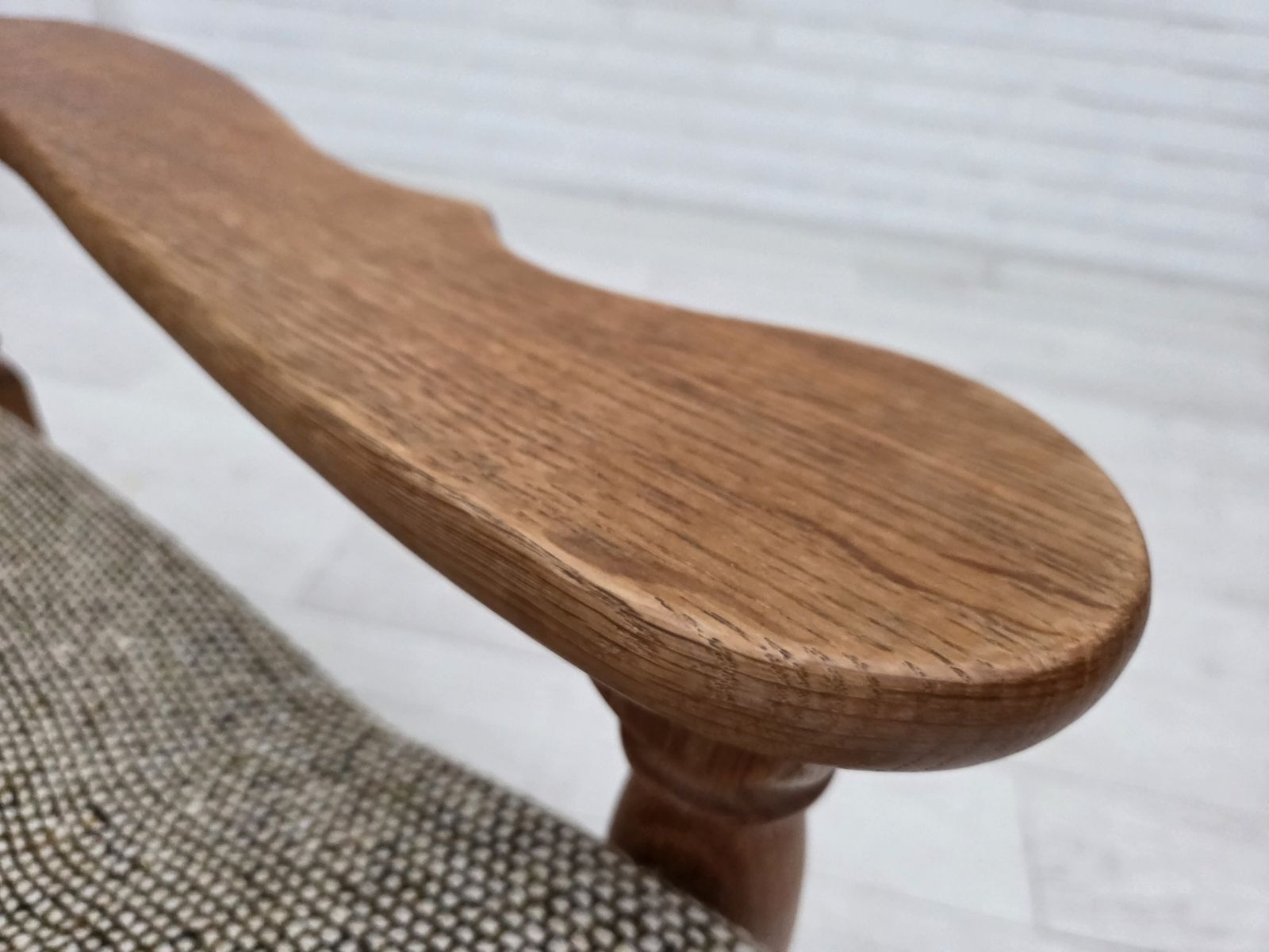 1970s, Danish Armchair, Original Furniture Wool Fabric, Solid Oak Wood. photo vintage