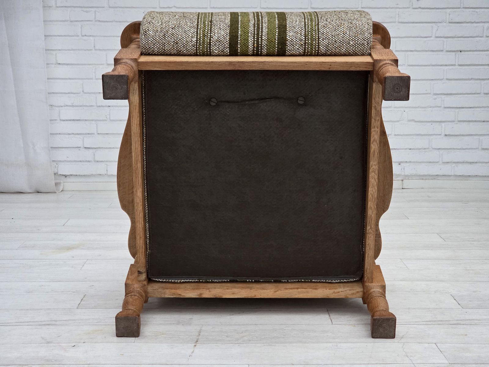 photo for sale 1970s, Danish Armchair, Original Furniture Wool Fabric, Solid Oak Wood.