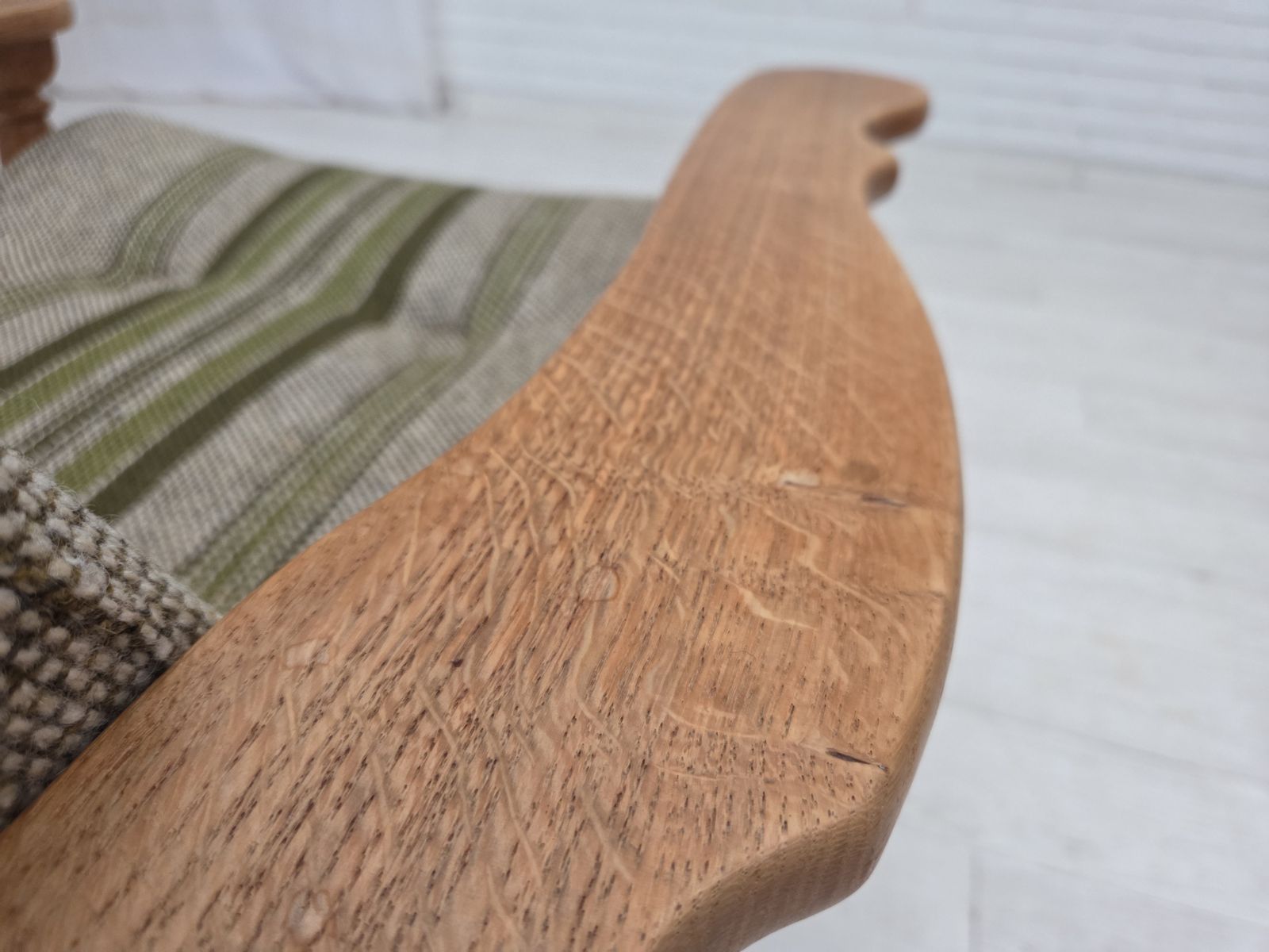 910.0 1970s, Danish Armchair, Original Furniture Wool Fabric, Solid Oak Wood. photo