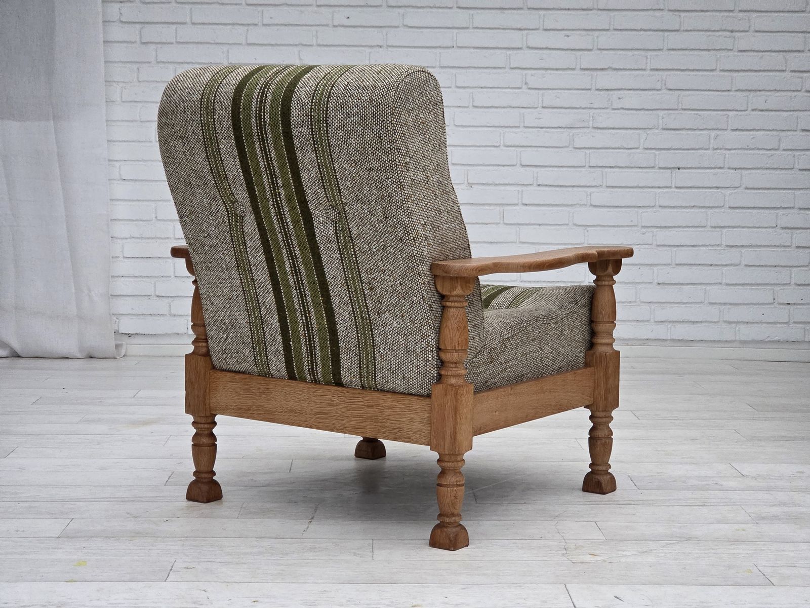 photo buy 1970s, Danish Armchair, Original Furniture Wool Fabric, Solid Oak Wood.