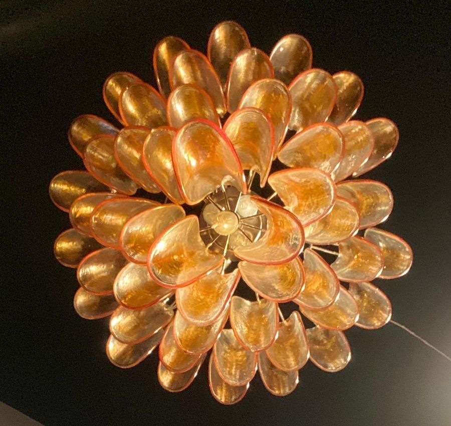 photo for sale Large Vintage Italian Murano Chandelier With Amber Glass Petals, 1970s