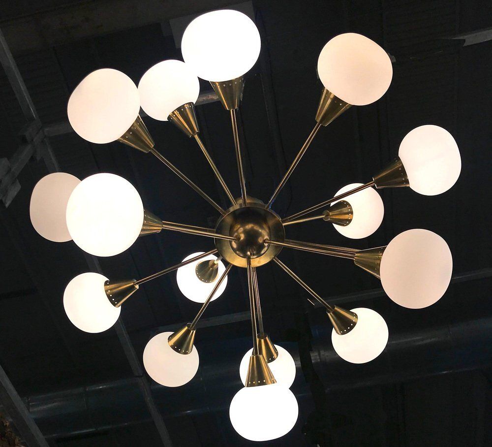 Large Sputnik Chandelier In Brass And Opaline Murano Glass, Italy, 1970s photo vintage