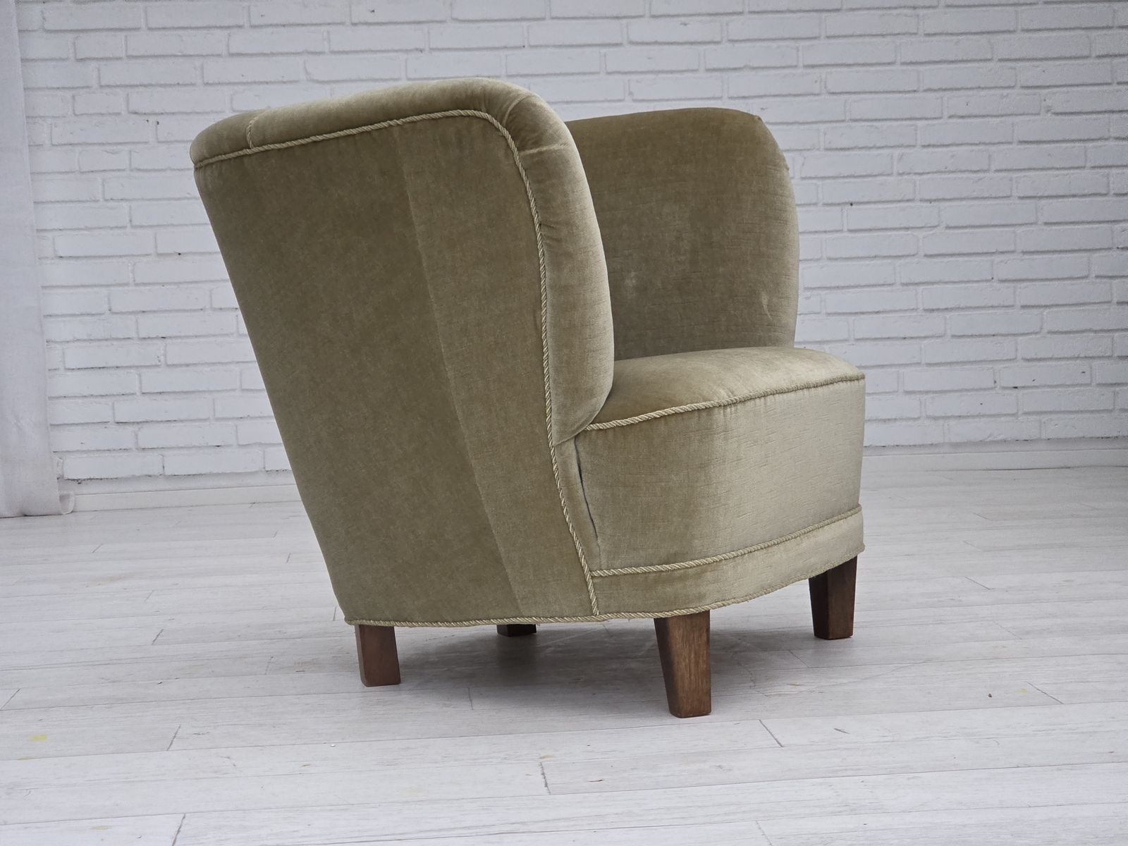 Furniture 1970s, Danish Armchair, Original Green Furniture Velour, Oak Wood. photo