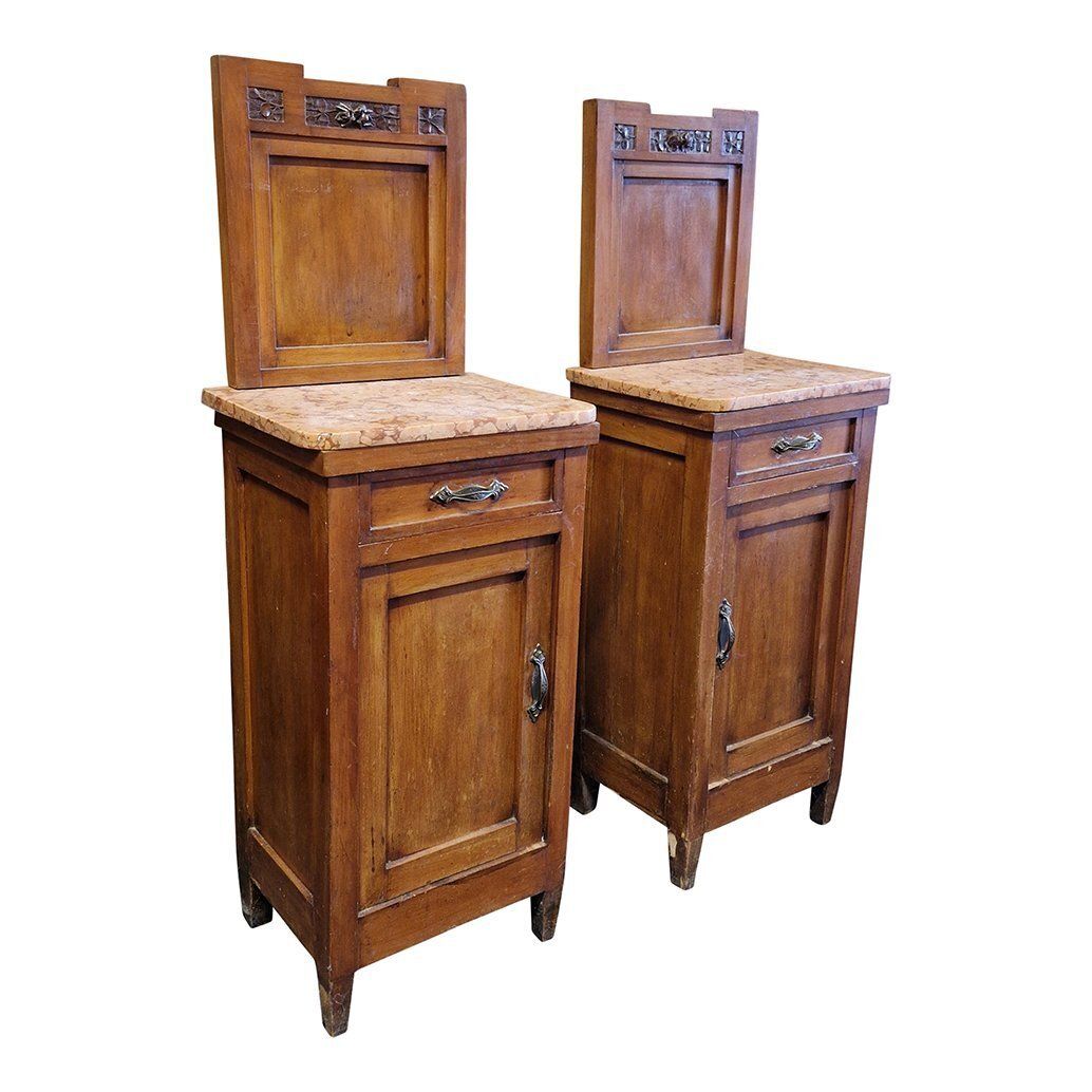 Tall Wooden Bedside Tables With Marble Top, 1970s, Set Of 2 photo 1474.0