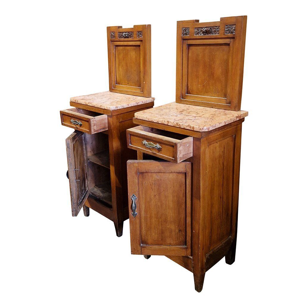 Tall Wooden Bedside Tables With Marble Top, 1970s, Set Of 2 photo vintage