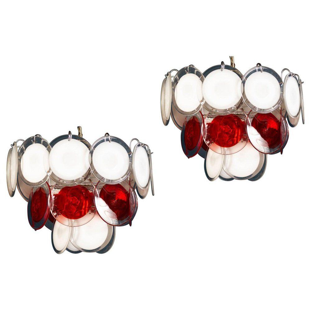 White And Red Murano Glass Disc Chandelier By Vistosi, 1970s