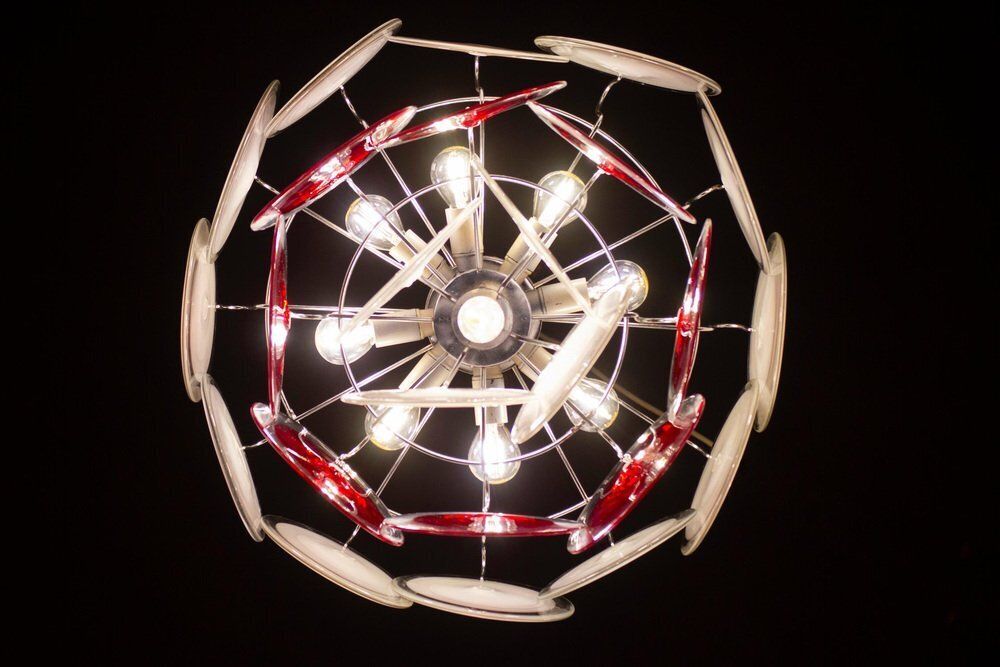 White And Red Murano Glass Disc Chandelier By Vistosi, 1970s photo buy