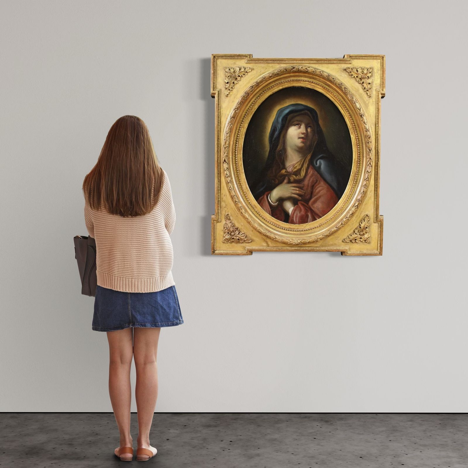 Antique Italian Painting From The 17th Century, Virgin Of Sorrows photo vintage