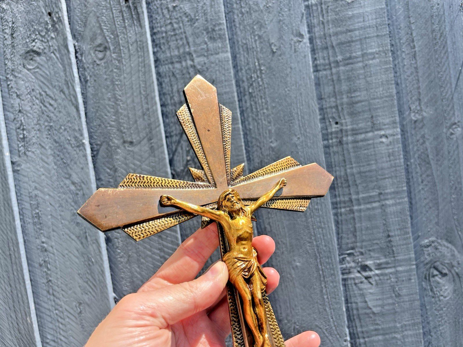 Antique Art Deco French Brass Bronzed Wall Hanging Crucifix Church Cross Jesus photo Art