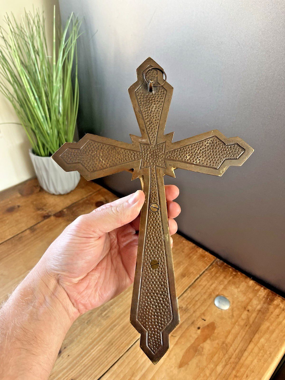 Antique Art Deco French Brass Bronzed Wall Hanging Crucifix Church Cross Jesus photo vintage