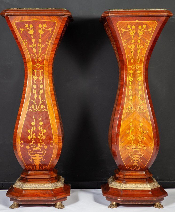 photo furniture Large 19th Century French Marquetry Inlaid Pedestals, Set Of 2