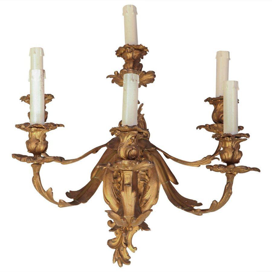 French Mid 19th Century Louis XV Style Ormolu Six Arm Sconces, Set Of 2