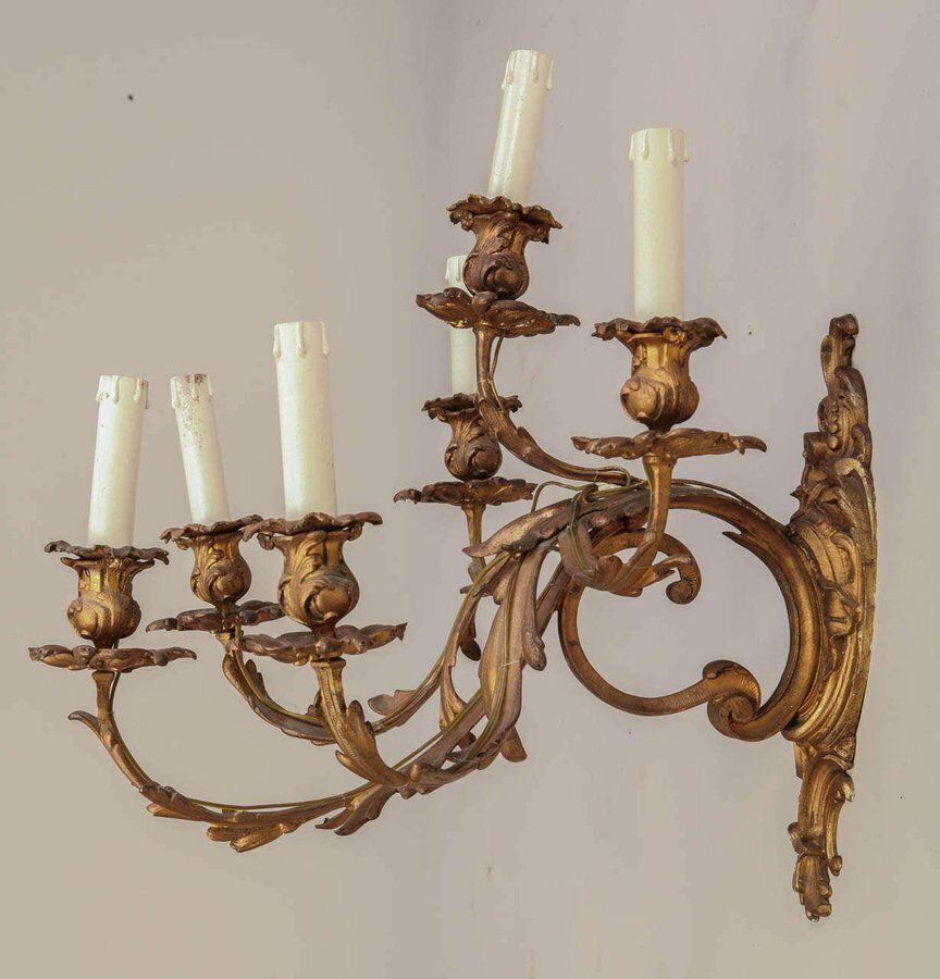 French Mid 19th Century Louis XV Style Ormolu Six Arm Sconces, Set Of 2 photo for sale