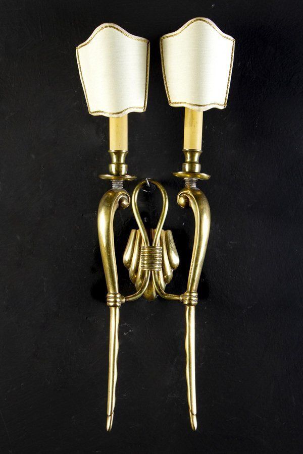 Set Of Mid Century Brass Sconces Or Wall Lights, Italy, 1940s photo for sale