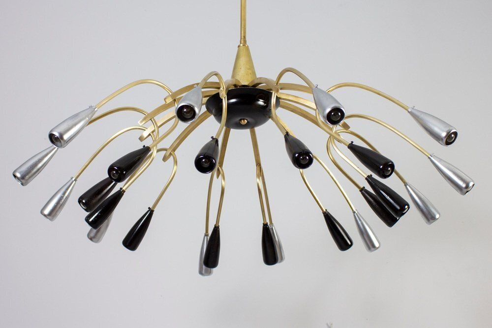 Mid Century Brass And Murano Glass Chandelier In The Style Of Stilnovo, 1950s photo for sale