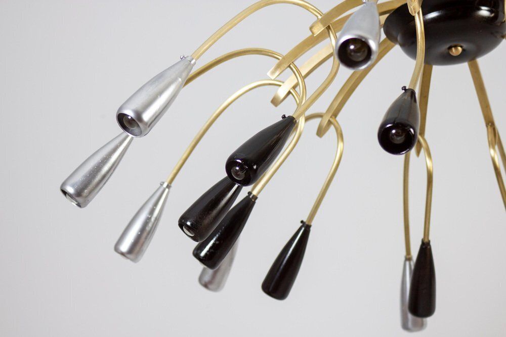 Mid Century Brass And Murano Glass Chandelier In The Style Of Stilnovo, 1950s photo Lighting