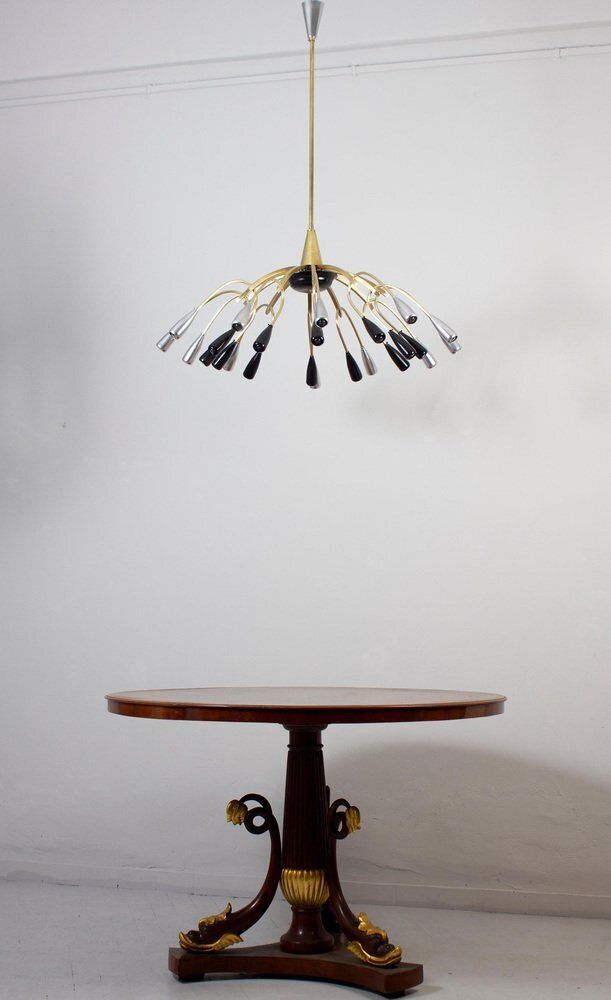 4016.0 Mid Century Brass And Murano Glass Chandelier In The Style Of Stilnovo, 1950s photo